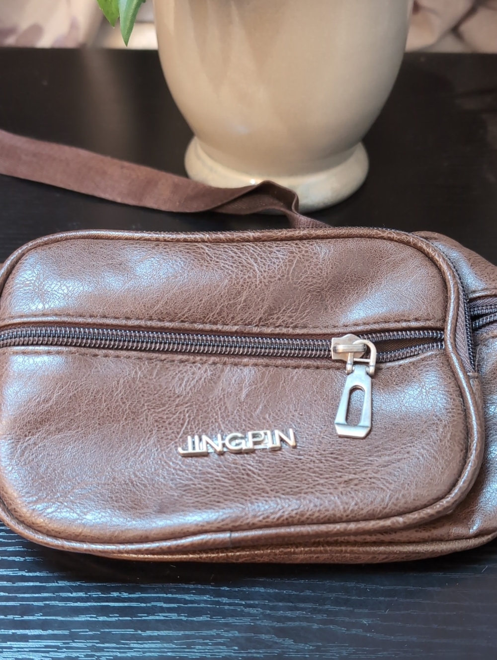 JINGPIN Brown Leather-Effect Men’s Belt Bag